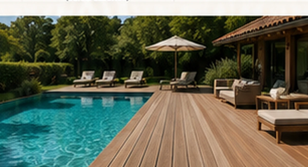 Plage de piscine en bois dans un jardin du Bassin
