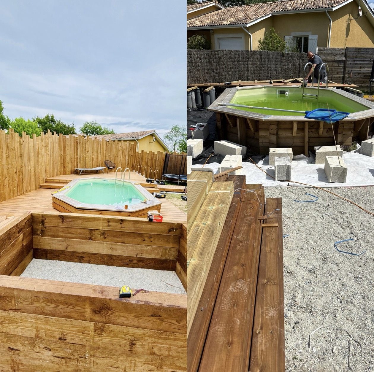 Terrasse en pin traité et aménagement de jardin autour d’une piscine ovale à Andernos-les-Bains